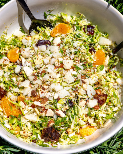 Shredded Brussels Sprouts Salad with Manchego + Dates
